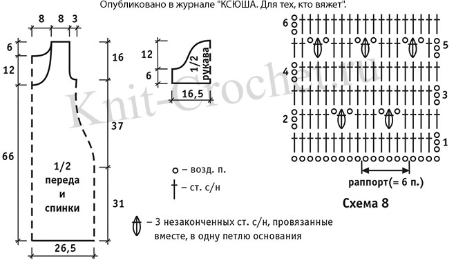 Выкройка, схемы узоров с описанием вязания крючком летнего платья размера 46-48.