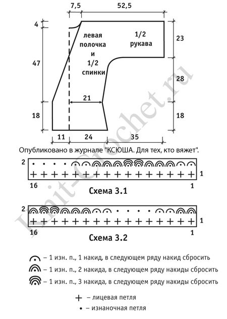 Выкройка, схемы узоров и обозначения для вязания спицами кардигана кимоно.