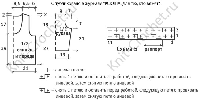Выкройка, схемы узоров с описанием вязания спицами женского пуловера с вырезом на рукаве 42-44 размера.