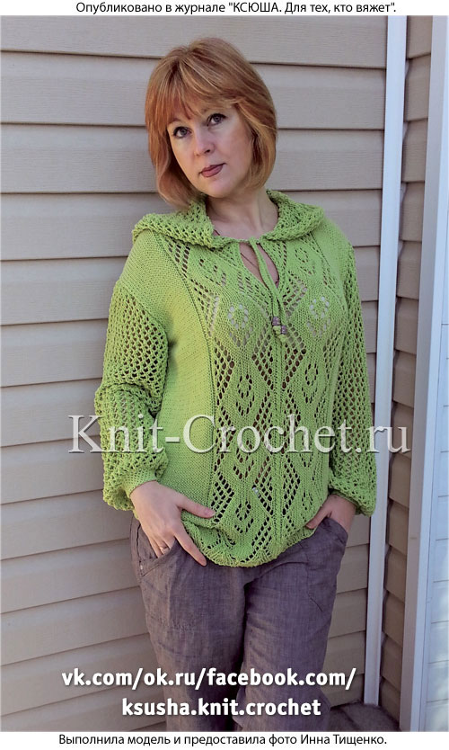 Женский пуловер с капюшоном размера 46-48, связанный на спицах.