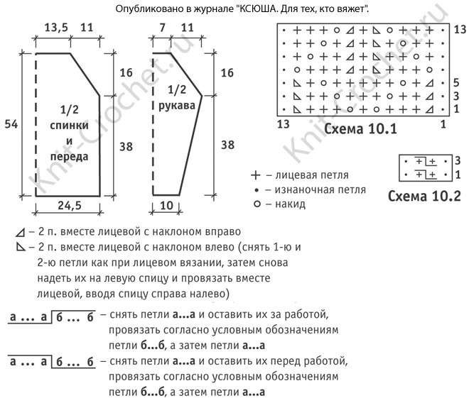 Выкройка, схемы узоров с описанием вязания спицами женского пуловера 44-46 размера с ажурным узором.