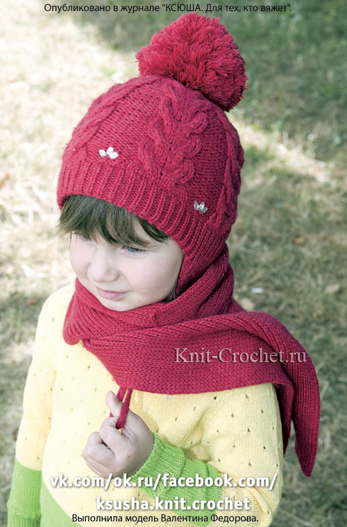 Двухслойная шапочка и шарф для девочки, вязанные на спицах.