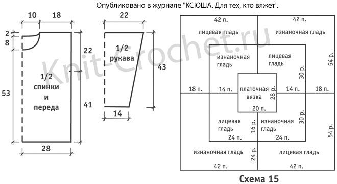 Выкройка, схемы узоров с описанием вязания спицами мужского пуловера размера 48.