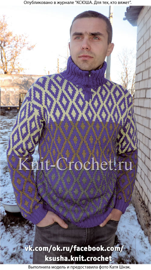Связанный на спицах мужской свитер поло 46 размера.