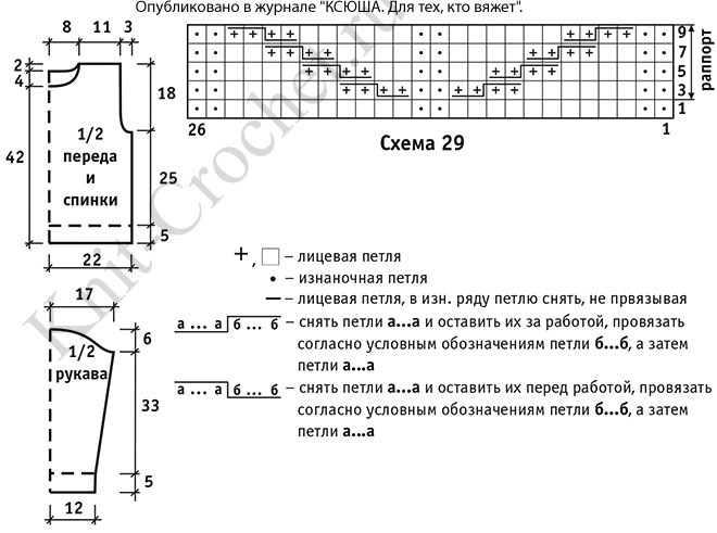 Выкройка, схемы узоров с описанием вязания спицами свитера для девочки на рост 134 см.