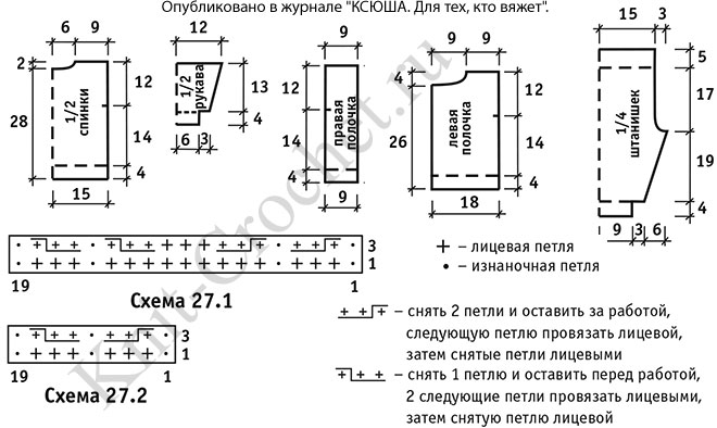 Выкройка, схемы узоров с описанием вязания спицами костюма для малыша на рост 74-80 см.