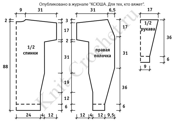 Выкройка для вязания спицами кардигана размера 42-44 с цельнокроеной проймой.