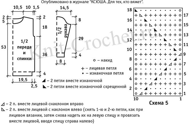 Выкройка, схемы узоров с описанием вязания спицами женского пуловера с узором «волна» 44-46 размера.