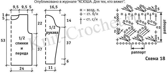 Выкройка, схемы узоров с описанием вязания крючком женского пуловера в полоску размера 46-48.