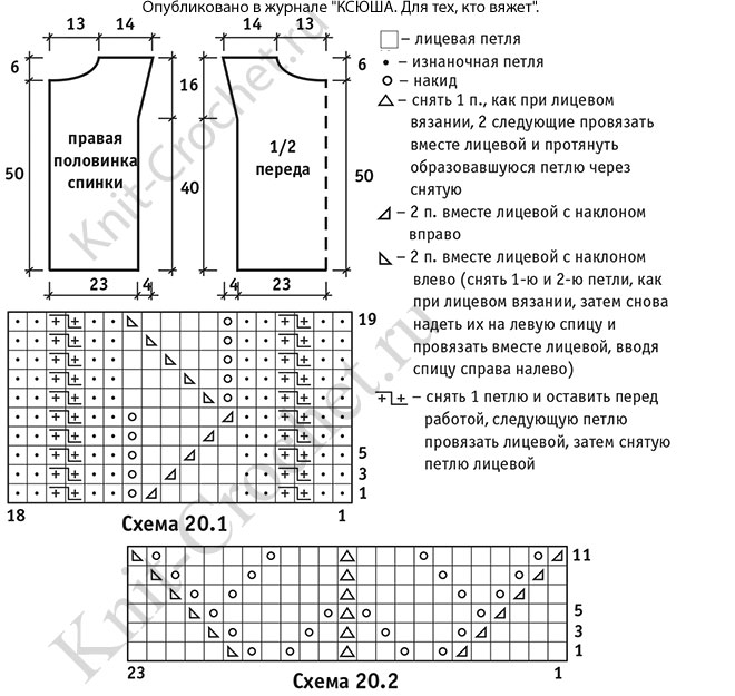 Выкройка, схемы узоров с описанием вязания спицами топа со шнуровкой на спинке 44-46 размера.