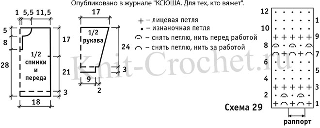 Выкройка, схемы узоров с описанием вязания спицами пуловера поло для мальчика на рост 104 см.