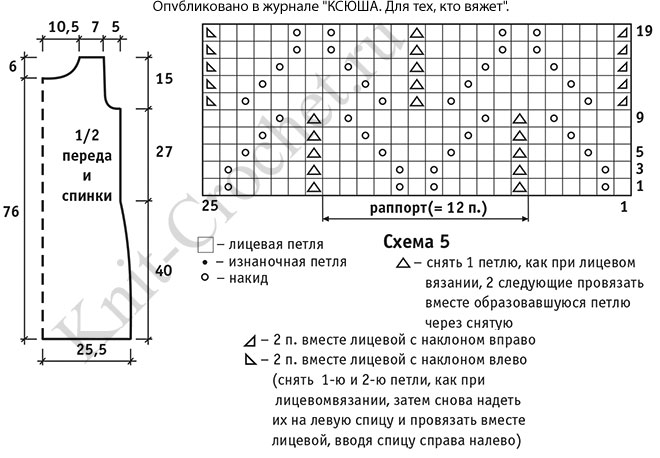 Выкройка, схемы узоров с описанием вязания спицами туники «Лавандовое настроение» 46-48 размера .