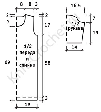 Выкройка для вязания спицами женского удлиненного пуловера 42-44 размера.