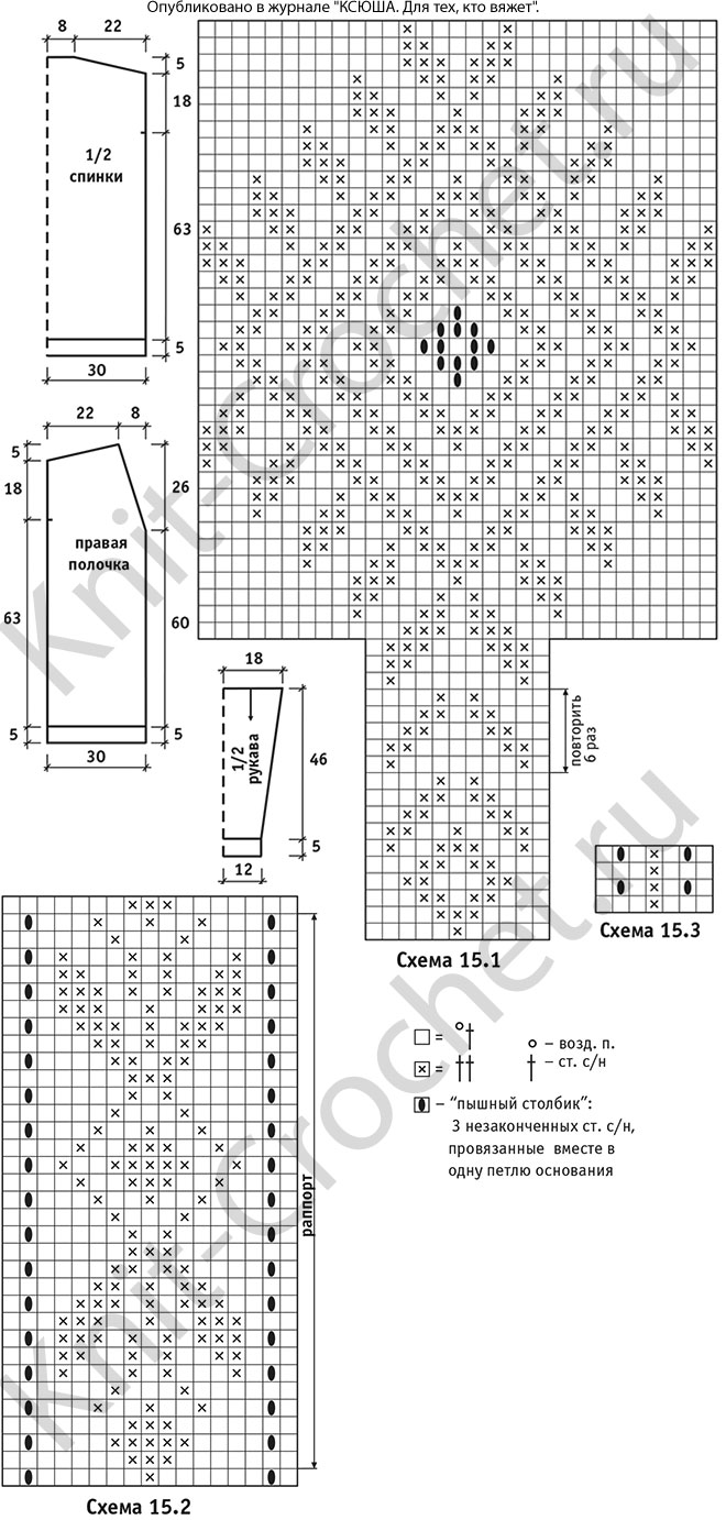 Выкройка, схемы узоров с описанием вязания крючком женского кардигана размера 44-46.