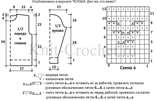 Выкройка, схемы узоров с описанием вязания спицами мужского свитера размера 50-52.