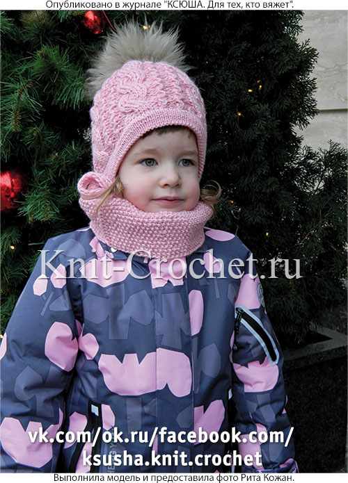 Розовая двойная шапочка и шарф-труба для девочки 4-5 лет, вязанные на спицах.