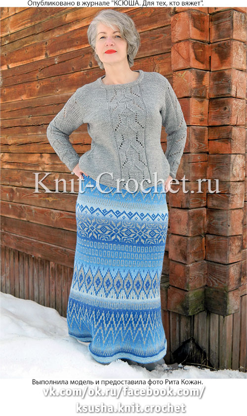 Женский джемпер с укороченными рукавами размера 48-50 и юбка-перуанка с жаккардовым узором, связанные на спицах.