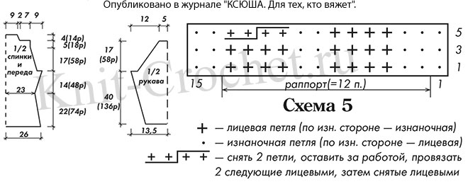 Выкройка, схемы узоров с описанием вязания на машине и спицами женского пуловера 48 размера.