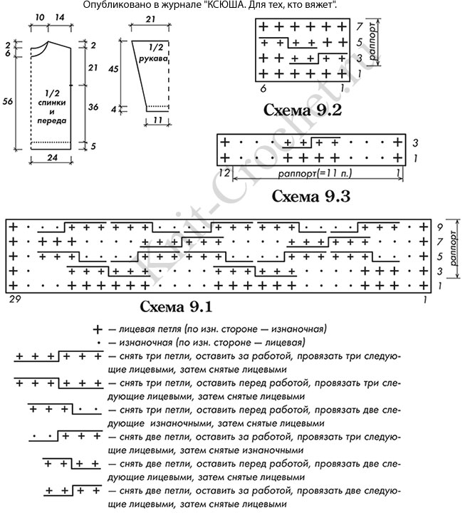 Выкройка, схемы узоров с описанием вязания спицами женского свитера размера 46-48.