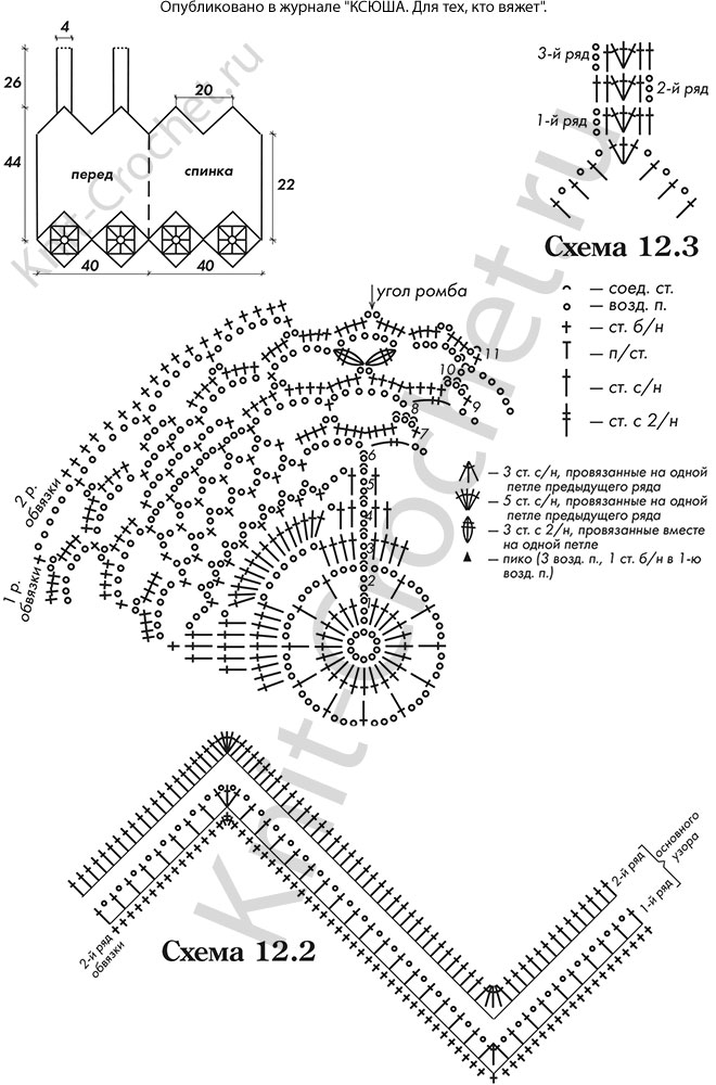Выкройка, схемы узоров с описанием вязания крючком топа размера 42-44 с мотивами "ромб".