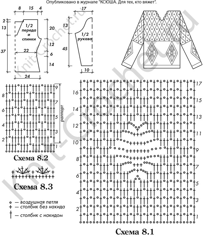 Выкройка, схемы узоров с описанием вязания крючком женского ажурного пуловера размера 44-46.