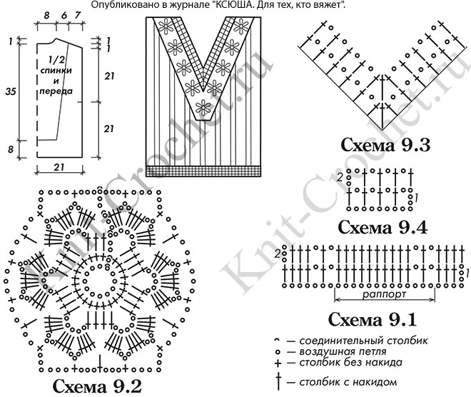Выкройка, схемы узоров с описанием вязания крючком женского пуловера с цветочной вставкой размера 42-44.