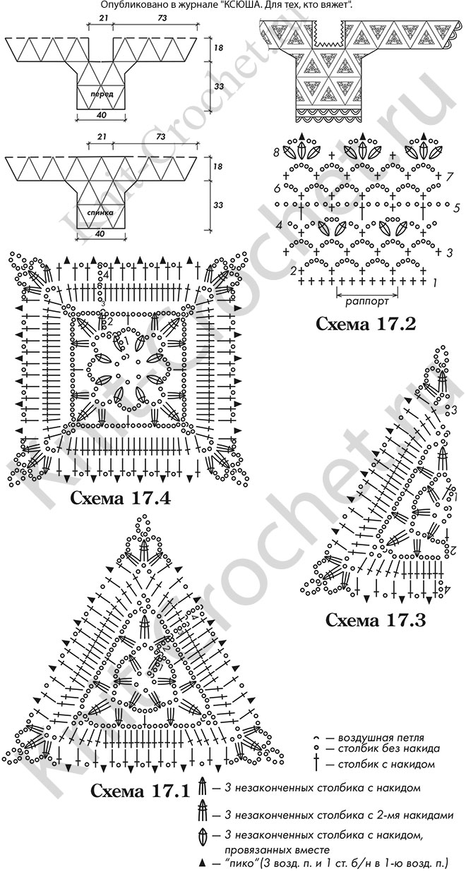 Выкройка, схемы узоров с описанием вязания крючком женского пуловера из мотива "треугольник" размера 46-48.