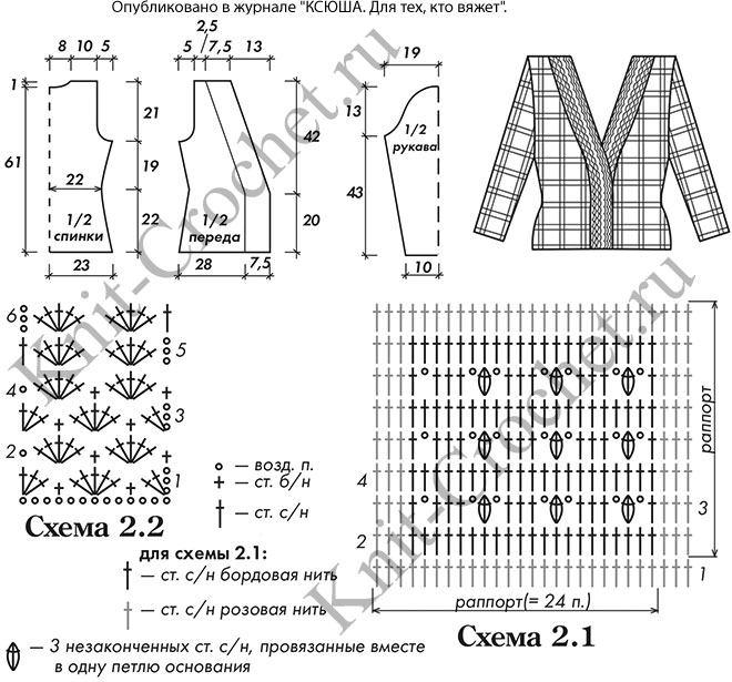 Выкройка, схемы узоров с описанием вязания крючком женского жакета в клетку размера 44-46.
