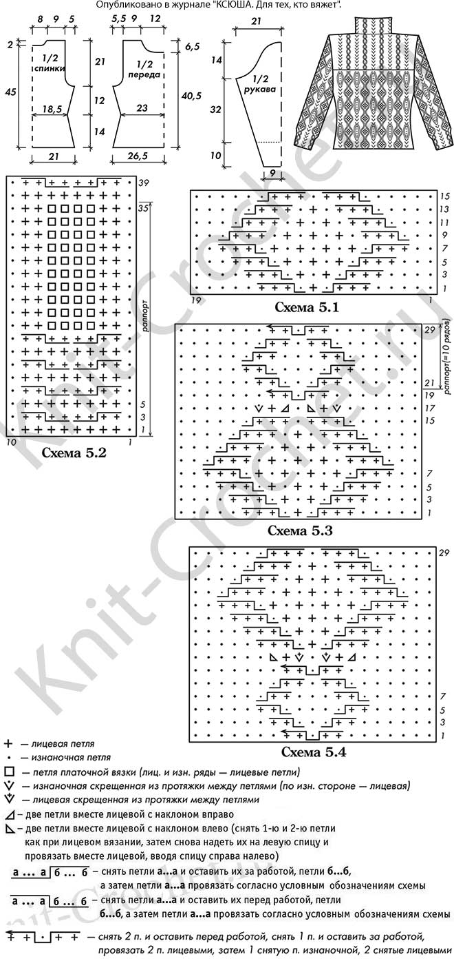 Выкройка, схемы узоров с описанием вязания спицами женского свитера с рельефными узорами 46 размера.
