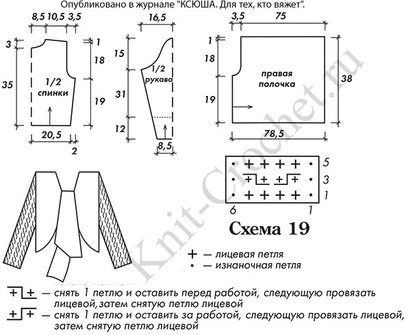 Выкройка, схемы узоров с описанием вязания спицами жакета болеро 44-46 размера.