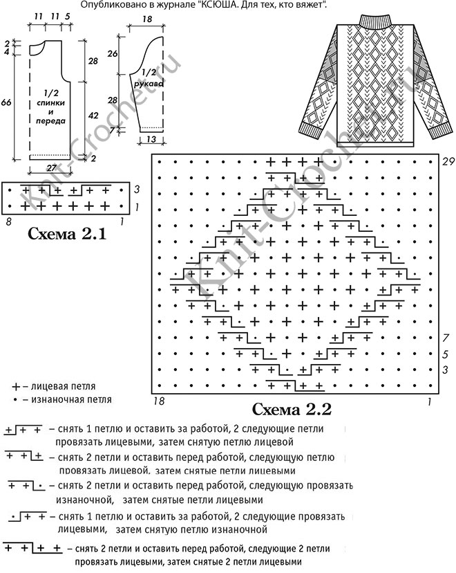 Выкройка, схемы узоров с описанием вязания спицами женского комбинированного свитера размера 48-50.