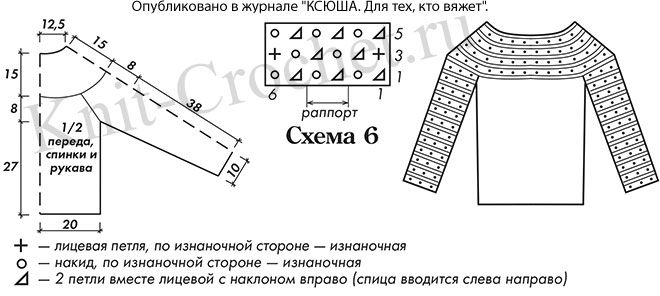 Выкройка, схемы узоров с описанием вязания спицами женского пуловера с круглой кокеткой 44 размера.