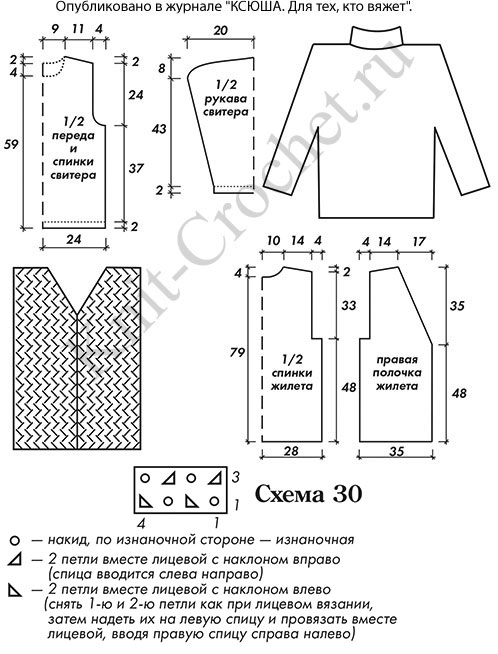 Выкройка, схемы узоров с описанием вязания спицами женского свитера и ажурного жилета размера 48-50.