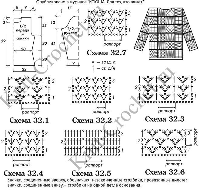 Выкройка, схемы узоров с описанием вязания крючком женского пуловера на тему "пэчворк" размера 42-44.