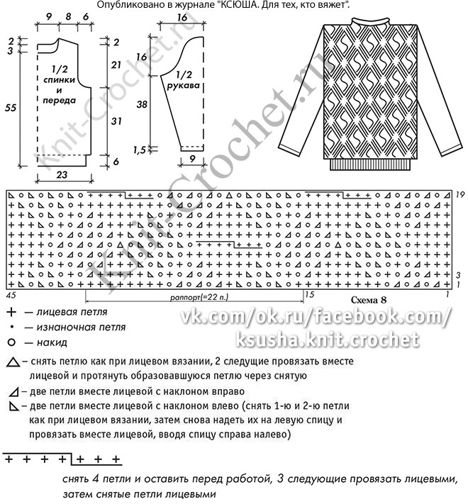 Выкройка, схемы узоров с описанием вязания спицами женского свитера размера 46.