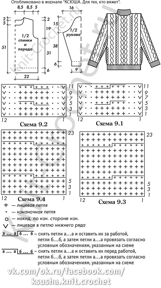 Выкройка, схемы узоров с описанием вязания спицами женского свитера с рельефным узором размера 42-44.