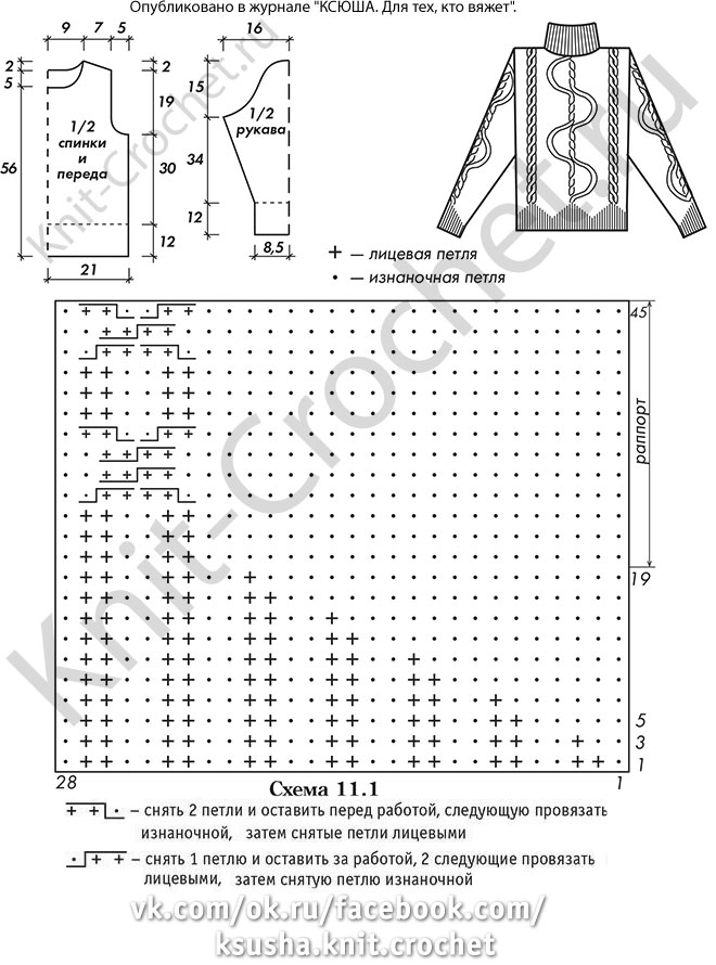 Выкройка, схемы узоров с описанием вязания спицами женского свитера с узором "рельефный зигзаг" размера 42-44.