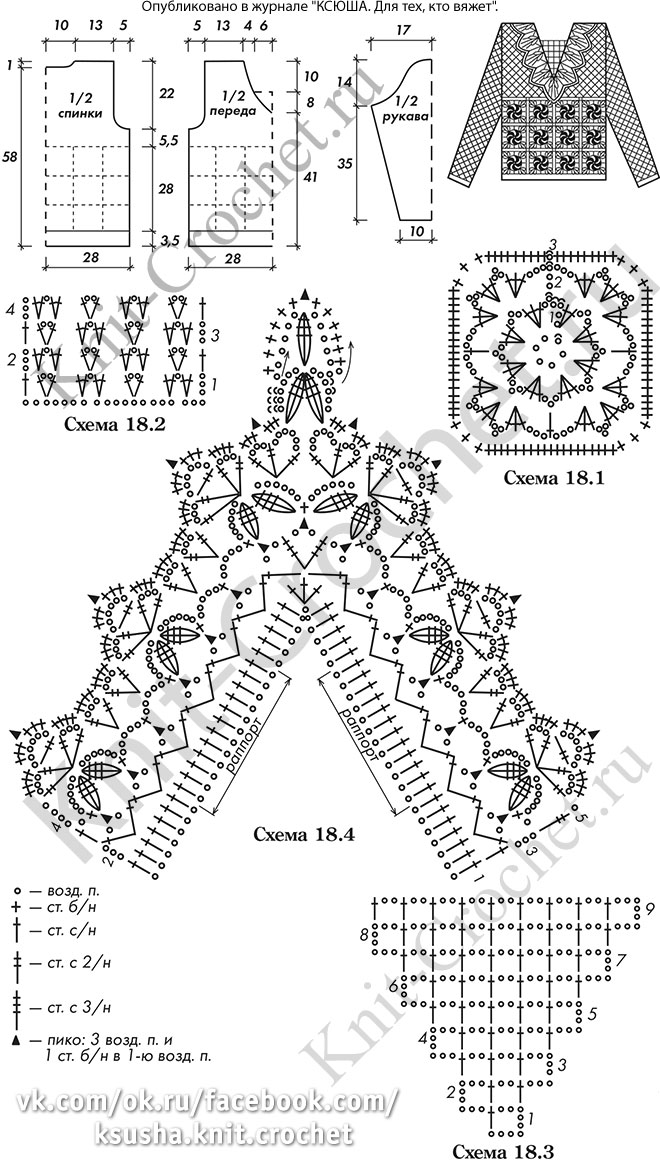 Выкройка, схемы узоров с описанием вязания крючком женского пуловера с ажурными квадратами размера 48-50.