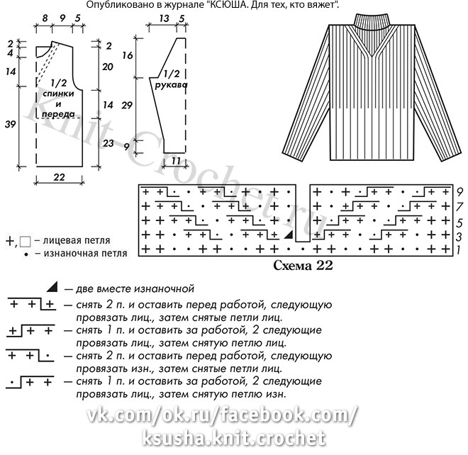 Выкройка, схемы узоров с описанием вязания спицами женского свитера в резинку размера 46.