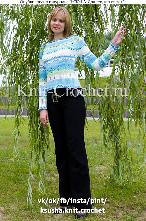 Женский пуловер с узорными и цветными полосами размера 44-46, связанный на спицах.