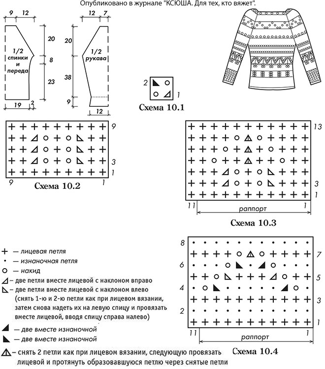 Выкройка, схемы узоров с описанием вязания спицами женского пуловера с узорными и цветными полосами 44-46 размера.