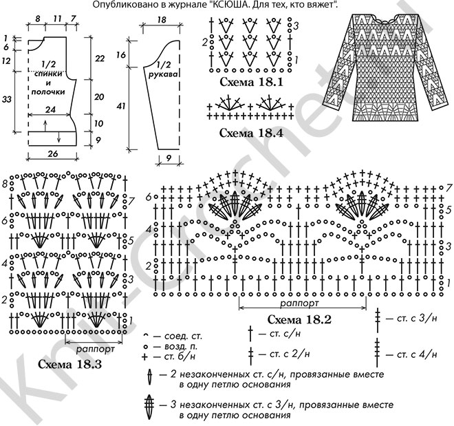 Выкройка, схемы узоров с описанием вязания крючком женского пуловера с ажурной каймой и кокеткой размера 46-48.