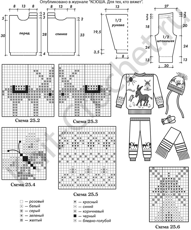 Выкройка, схемы узоров с описанием вязания спицами костюма с рисунком "Ослик" для ребенка 2-х лет.
