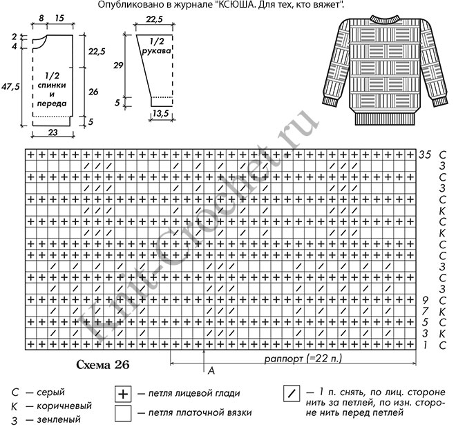 Выкройка, схемы узоров с описанием вязания спицами пуловера для мальчика на рост 140 см.