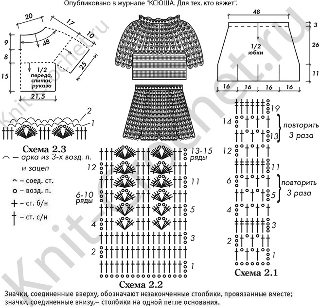 Выкройка, схемы узоров с описанием вязания крючком костюма: топа и юбочки размера 42-44.