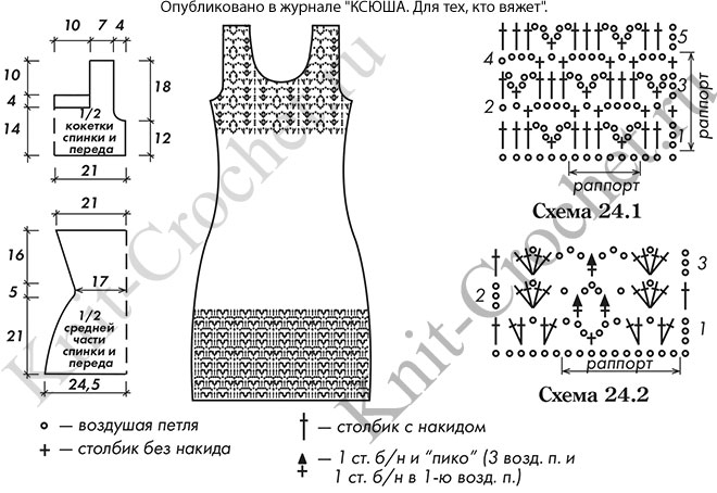 Выкройка, схемы узоров с описанием вязания крючком платья размера 42-44 с ажурной кокеткой и каймой.