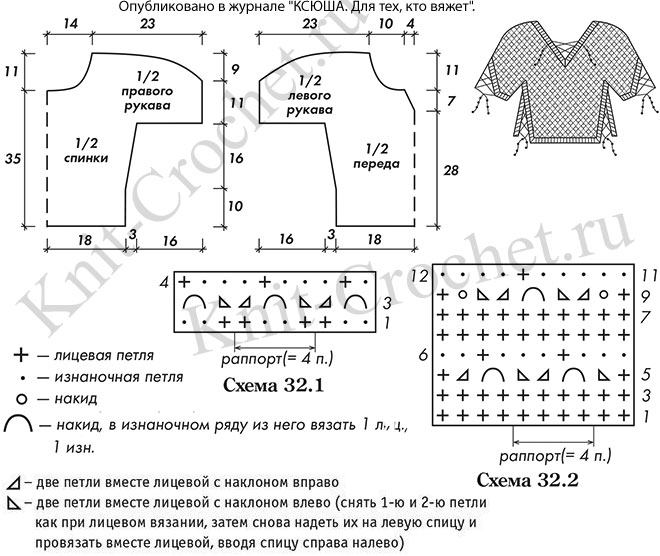 Выкройка, схемы узоров с описанием вязания спицами топа 44-46 размера с разрезами и шнуровками.
