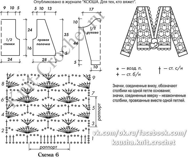 Выкройка, схемы узоров с описанием вязания крючком жакета-фигаро размера 46-48.