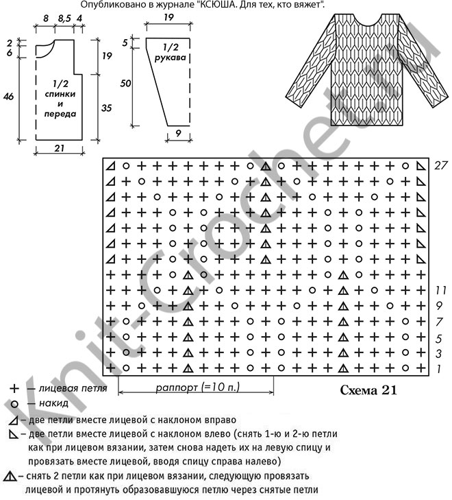 Выкройка, схемы узоров с описанием вязания спицами женского короткого пуловера 42-44 размера.