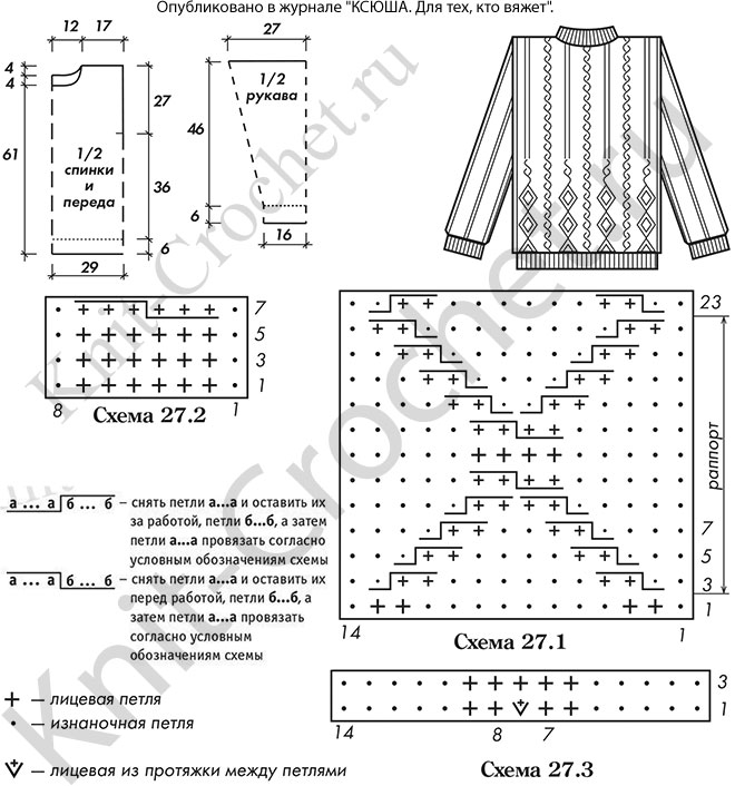 Выкройка, схемы узоров с описанием вязания спицами мужского пуловера размера 50-52.